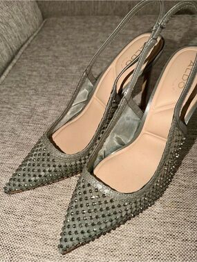 Aldo Olive Green Embellished Pointed Toe Slingback Heels